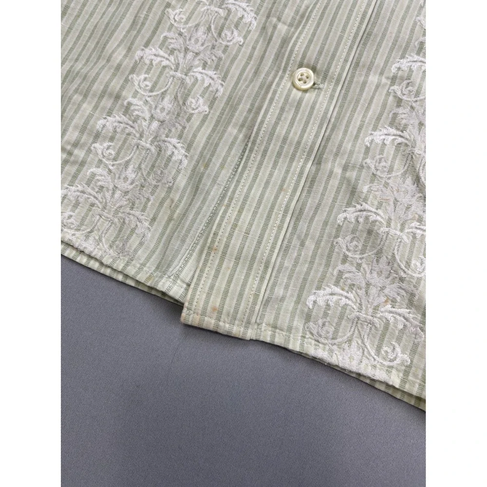 Banana Republic Mens L Guayabera‎ Shirt Green Striped Embroidered Linen Cotton